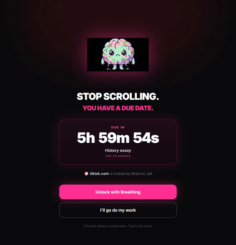 Real desktop screenshot: Brainrot Jail blocks tiktok.com with a live deadline countdown and an Unlock with Breathing button